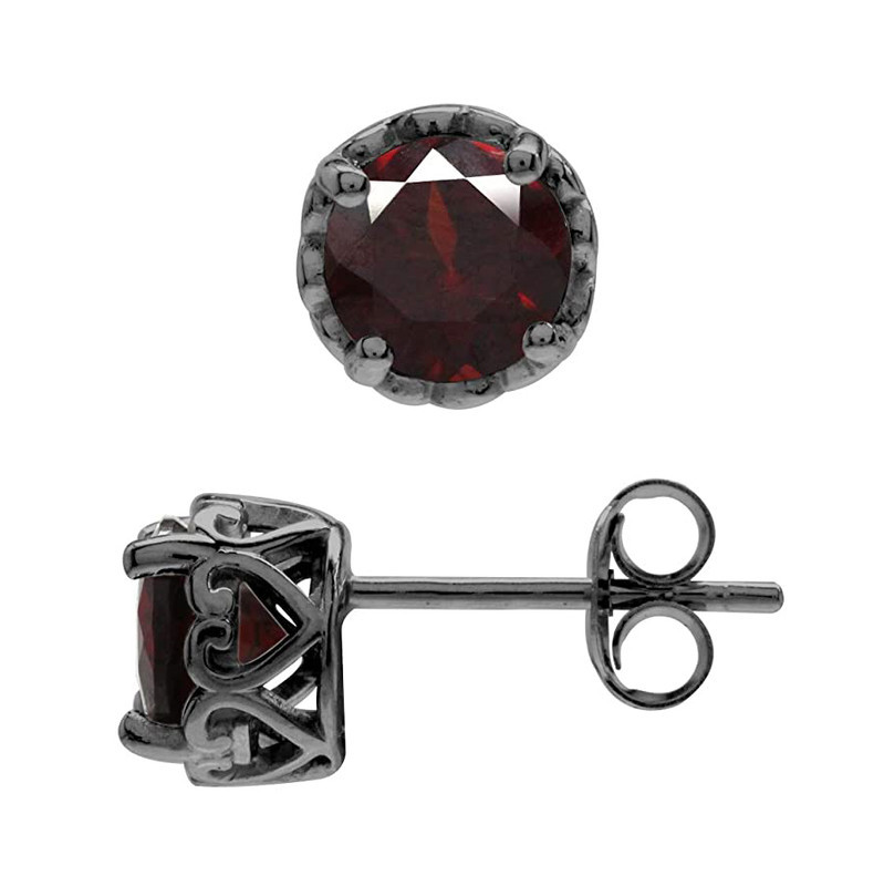 6 MM Garnet Black Rhodium 925 Sterling Silver Victorian Stud Earrings