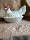 Vintage White Milk Glass Hen Rooster On Nest Large Basket Candy Dish 8"
