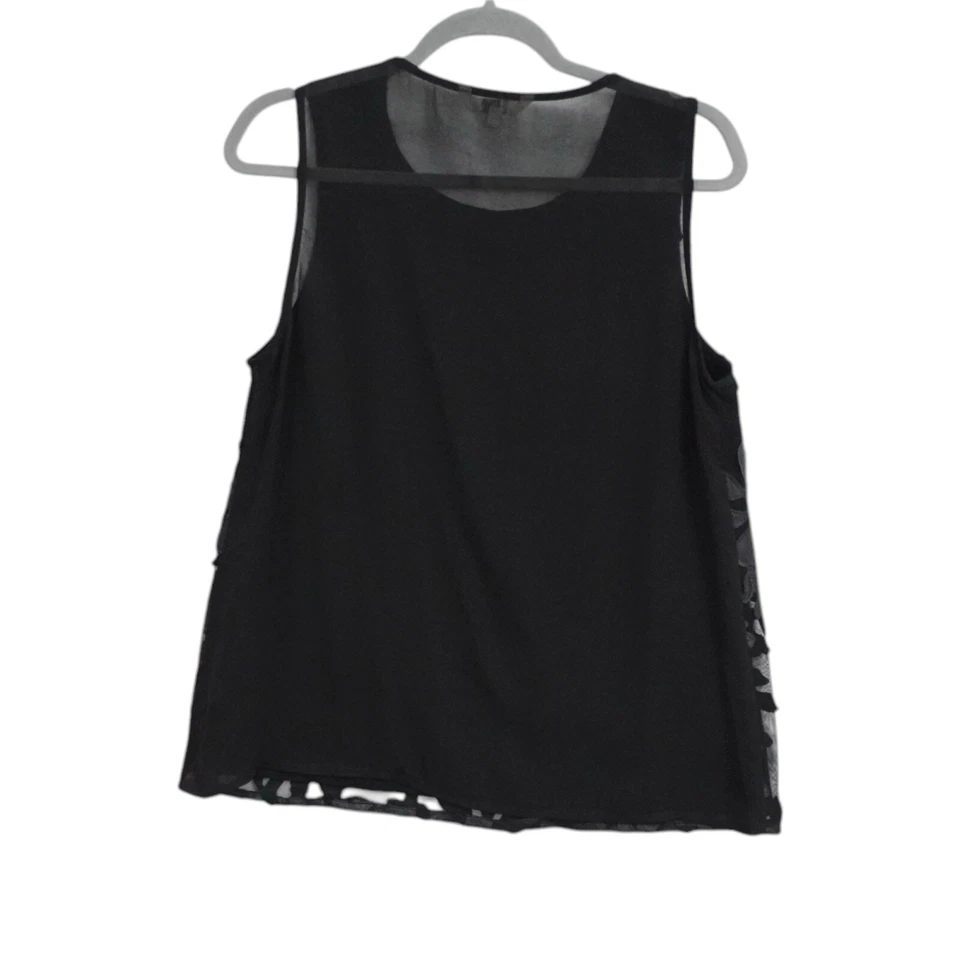 boho Black Mesh Sleeveless Top With Floral Faux Leather M Office Going Out - Image 2 of 4