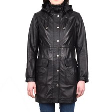 Women's Smart Long Sheep Nappa Leather Duffle Coat Hood Black Dr218