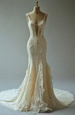 Vintage Champagne Wedding Dresses with Court Train Lace Appliques Bridal Gowns