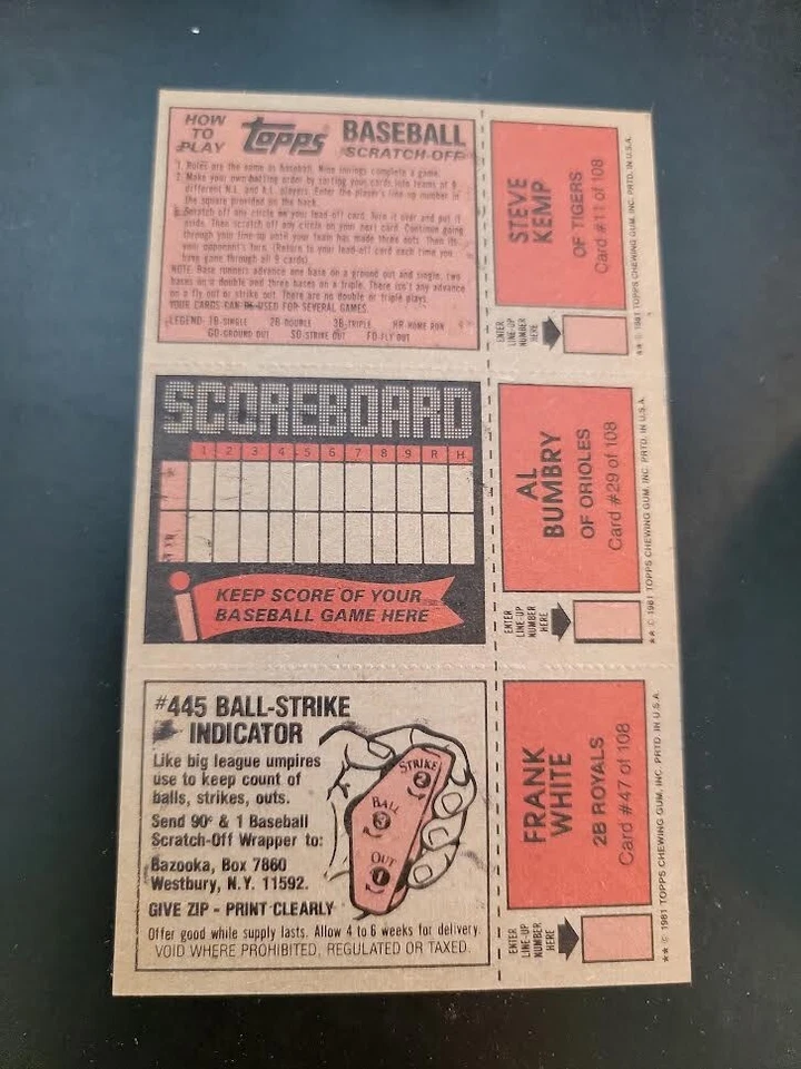 1981 Topps Scratch Off 3 in 1 STEVE KEMP/AL BUMBRY/FRANK WHITE - Image 2 of 2