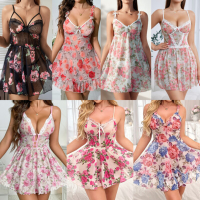 Sexy Women Lace Lingerie V Neck Teddy Babydoll Sleepwear Nightgown Slip Dress US