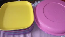 Lot of 11 Tupperware 8" Square Luncheon Plates + Snack Tray w/ Lid Spring Colors
