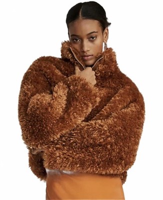 Maeve Teddy Faux Fur Coat Bomber Jacket Honey Crop Size S #918
