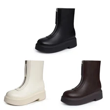 Women's Platform Ankle Boots Short Round Toe Chunky Low Heel with Front Zipper