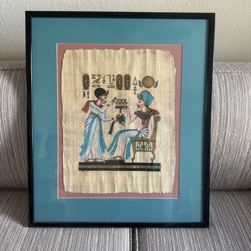 VTG - 1980’s Teal Framed Egyptian Hand-Painted Papyrus Artwork King Tut Fad!