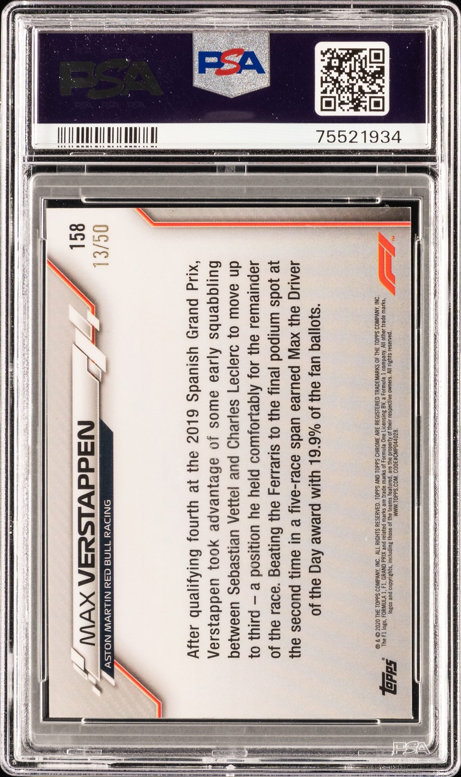 2020 TOPPS CHROME FORMULA 1 GOLD REFRACTOR #158 MAX VERSTAPPEN 13/50 PSA 8 view 2