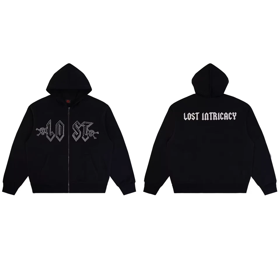 Lost Intricacy Negro Estrás Cremallera Sudadera con Capucha Pantalones de Calle Para Hombre Conjuntos Foto 2 de 4