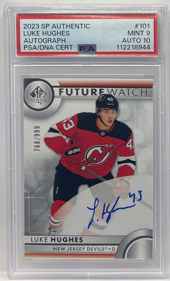 2023 SP AUTHENTIC #101 LUKE HUGHES FUTURE WATCH ROOKIE AUTO #768/999 PSA 9 10