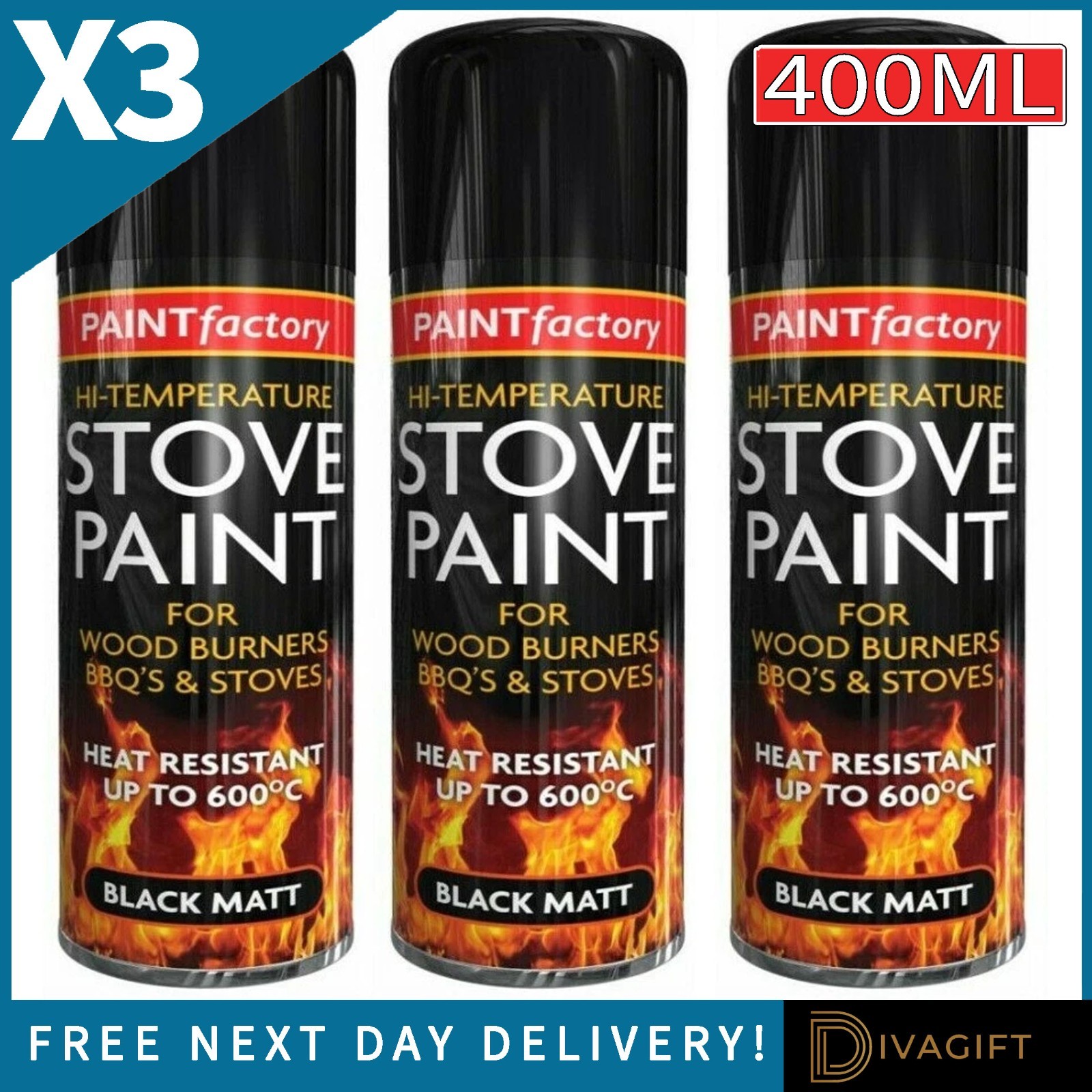 3 x 400ML STOVE PAINT HIGH TEMPERATURE SPRAY PAINT BLACK MATT HEAT RESISTANT BBQ