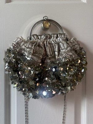 Vintage Y2K Silver Sequin Beaded Satin Evening Bag Chain Strap Party Purse