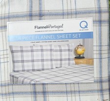 NEW Flannel From Portugal 4 Piece Blue Plaid "White Line" Queen Sheet Set