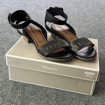 Tamaris Sandals Shoes Womens Size 6.5 Black Leather Studded Ankle Strap Comfort