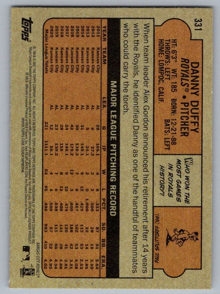 2021 Topps Heritage Danny Duffy Kansas City Royals #331 - Image 2 of 2