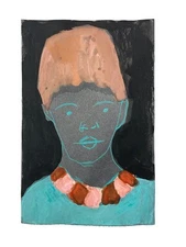 Woman Portrait Painting Naive Primitive Outsider 4x6 Gouache Wall Art Miz Katie