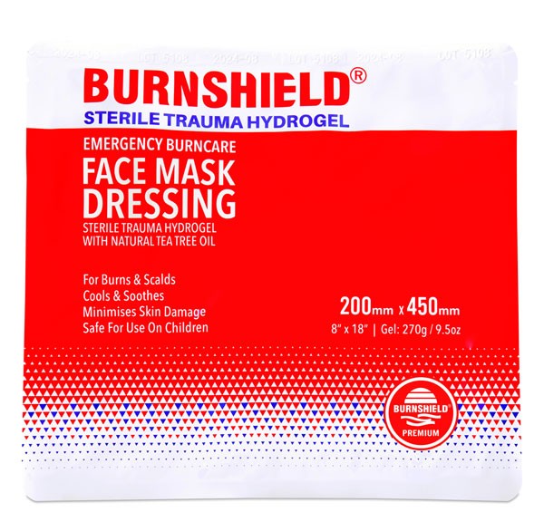 Burnshield Sterile Trauma Hydrogel Face Mask Precut 200Mm X 450Mm White/Red Size