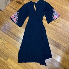 Billabong Navy Floral Print Bell Sleeve Wrap Maxi Dress Kimono Style Medium