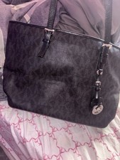 Michael Kors Large Black Logo Tote Bag Silver Hardware MK Charm Inner Pockets