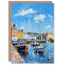 Greeting Card St Andrews Harbour Boats Seaside Town Painting Blank Birthday