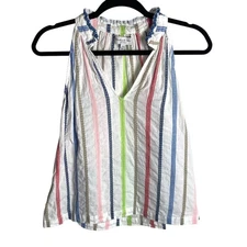 Michael Stars Size xs Leslie Split Neck Top White Colorful Stripes Embroidered