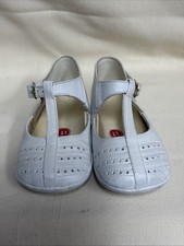 Vintage White Leather Baby Shoes T-Strap Perforated Christening 5 Inch