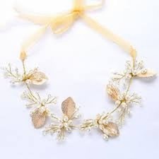 Gold Leaves Pearl Wedding Bridal Headband Hair Vine Hairpiece with Ribbon