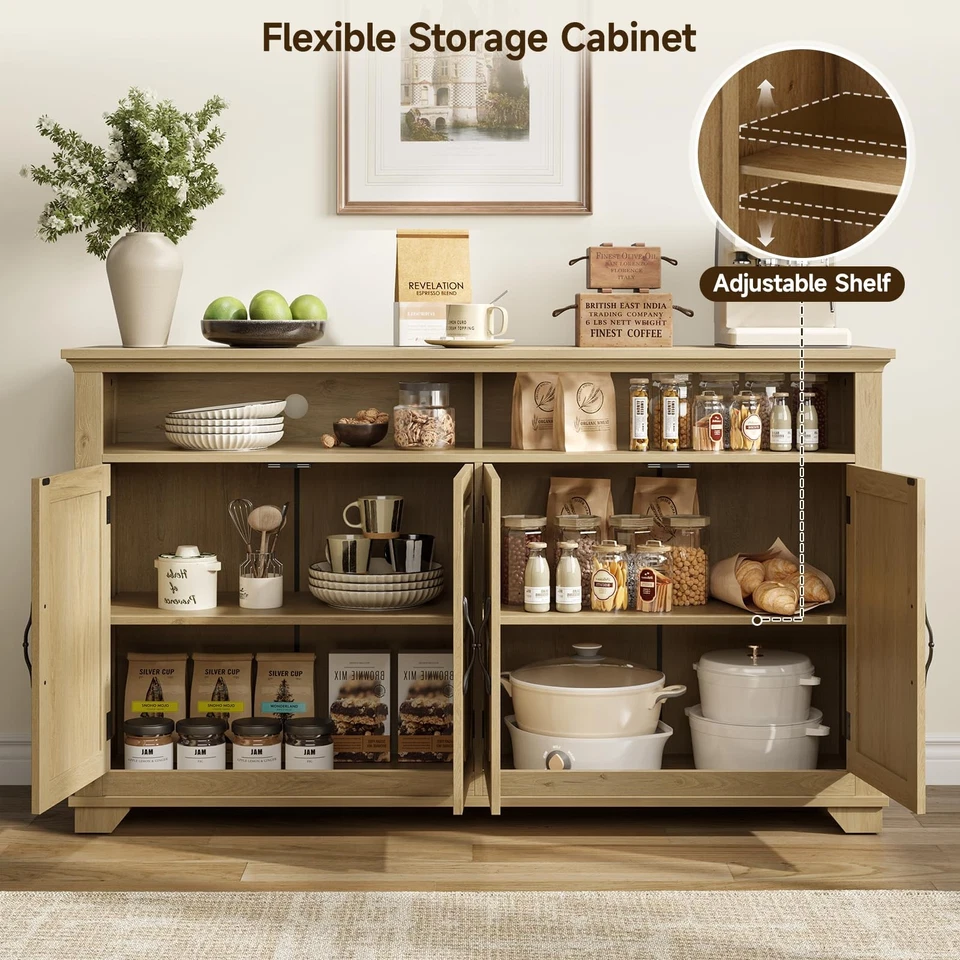 Aparador Buffet 60 Pulgadas con Almacenamiento, Credenza Grande con 4 Tallados... Foto 4 de 4