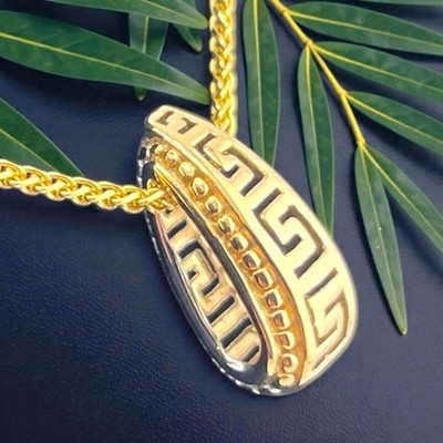 14K massives Gold zweifarbig gelb weiß griechisches Schlüsselmuster Dia Anhänger 1,43g