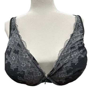 Cacique Bra Boost Plunge Black Gray lace overlay Adjustable strap 50 C 
