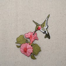 Hummingbird with Pink Flower Facing Left Embroidered Iron on Patch