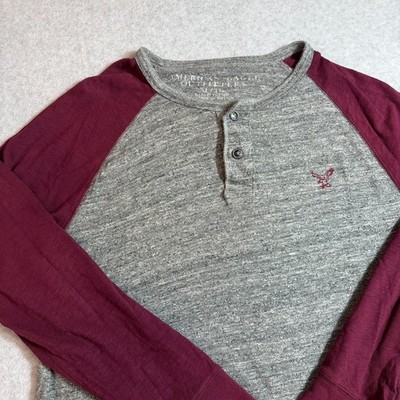 American Eagle Outfitters Mens XL Gray Burgundy Raglan Henley Long Sleeve Shirt