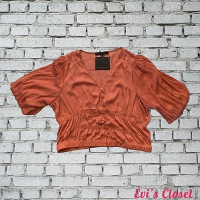 Marc New York Andrew Mark Crop Women's Top Sz L Puff Sleeve Canyon Clay NWT