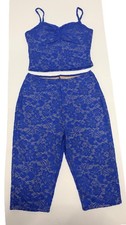 Blue Lace Floral Crop Top Pants Set 2 Piece Party Outfit Women