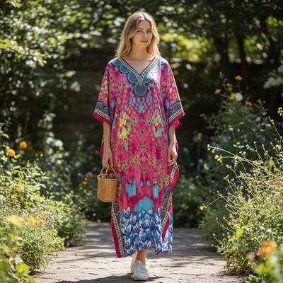 Goddess by Winlar OS Kaftan Dress Pink Blue Floral Psychedelic Maxi Lounger