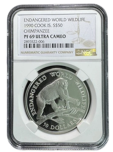 1990 Cook Island $50  Chimpanzee Wildlife NGC PF 69  .5769 ASW
