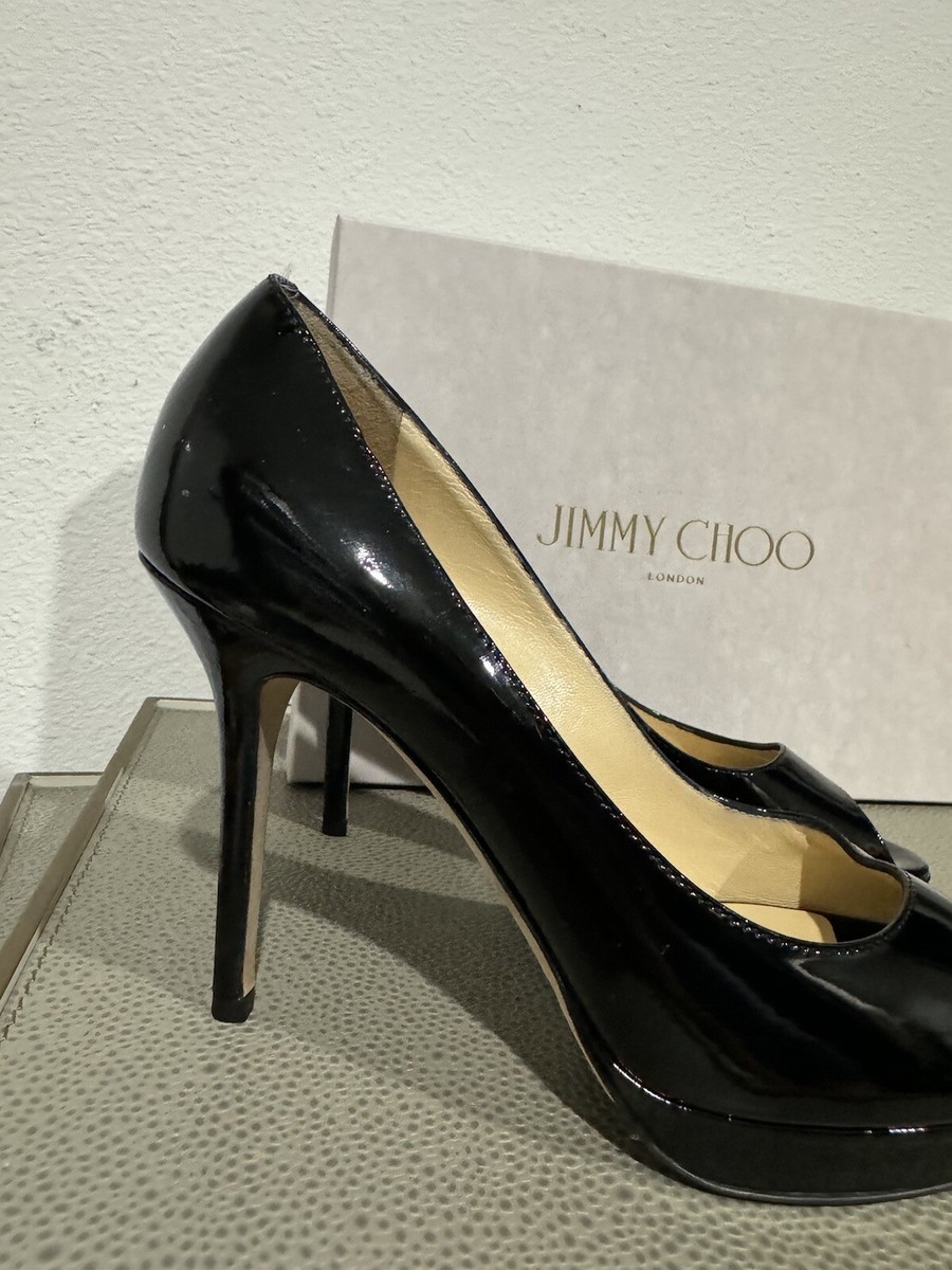 Jimmy Choo Luna Heels Pumps Womens 38 Black Patent Leather Peep