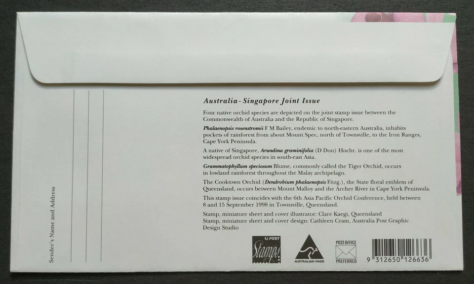 1998 Australia Joint Issue Singapore Orchids Stamps FDC (2 Countries Cachets) - Image 2 of 2