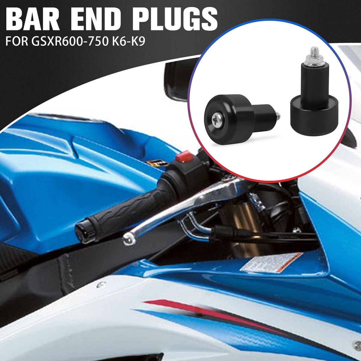 Black M6 Handlebar End Plugs/Sliders For Suzuki GSXR600, GSXR750, GSXR1000