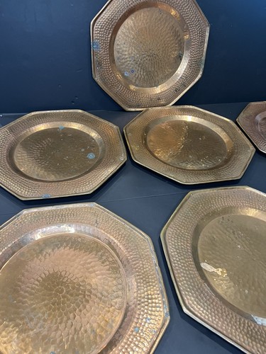 Vintage Hammered Copper Charger Octagonal Plates Set Of 7 - Picture 13 of 22
