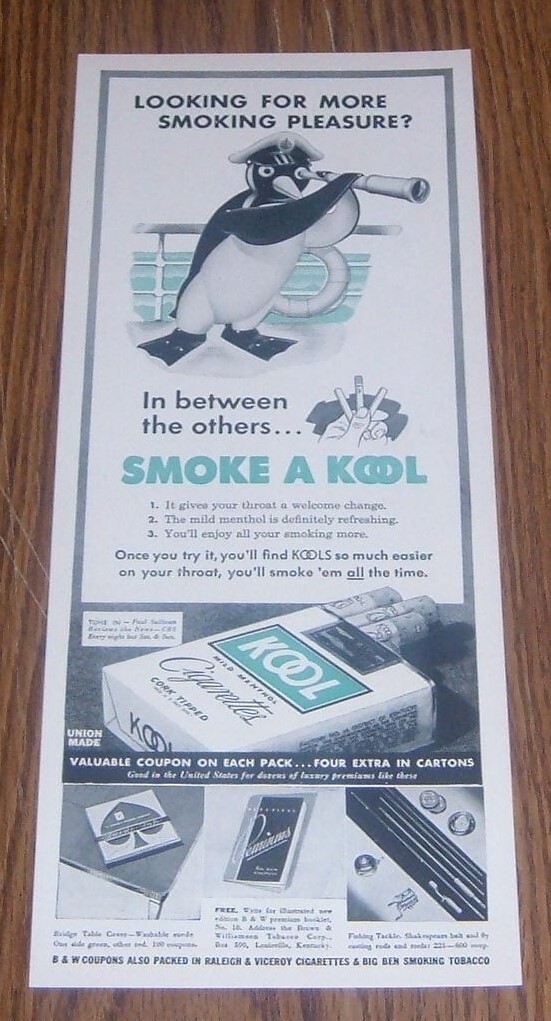 1940 PRINT AD ~ KOOL CIGARETTES PENGUIN WITH TELESCOPE on a SHIP