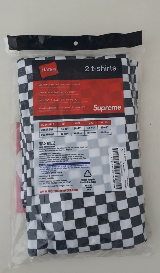 SS18 Supreme Hanes Checker Tagless T-Shirts (2 Paquet) Taille L Neuf non Ouvert thumbnail 4