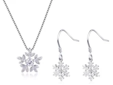 S925 Sterling Silver Snowflake Pendant Chain Necklace Drop Earrings Jewelry Set