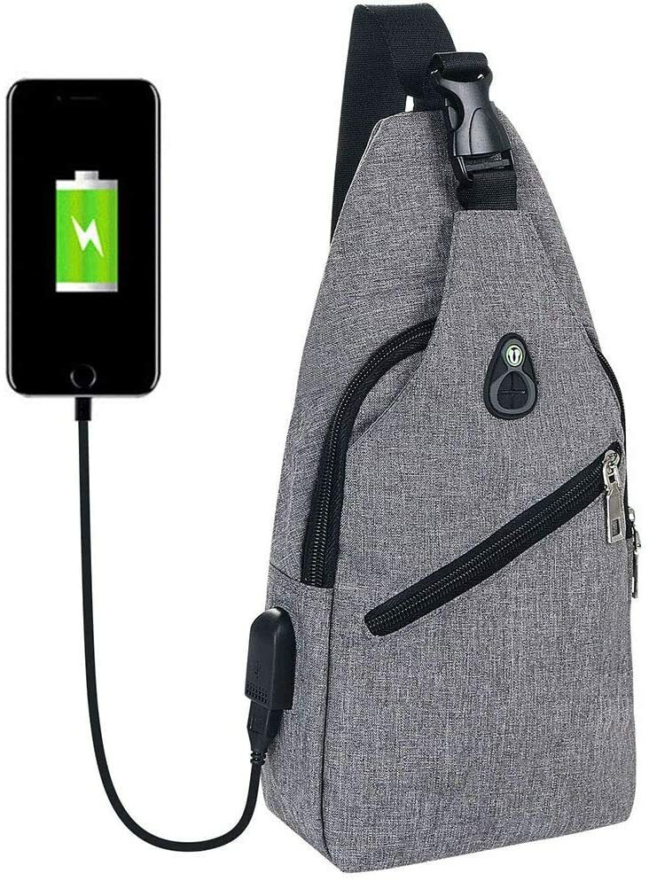 Sac à dos poitrine gris contre les pickpockets avec chargeur USB