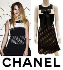 5K Chanel 2012 Black White Lace Crochet Casual Midi Dress 34 36 2 4 Bow Logo S