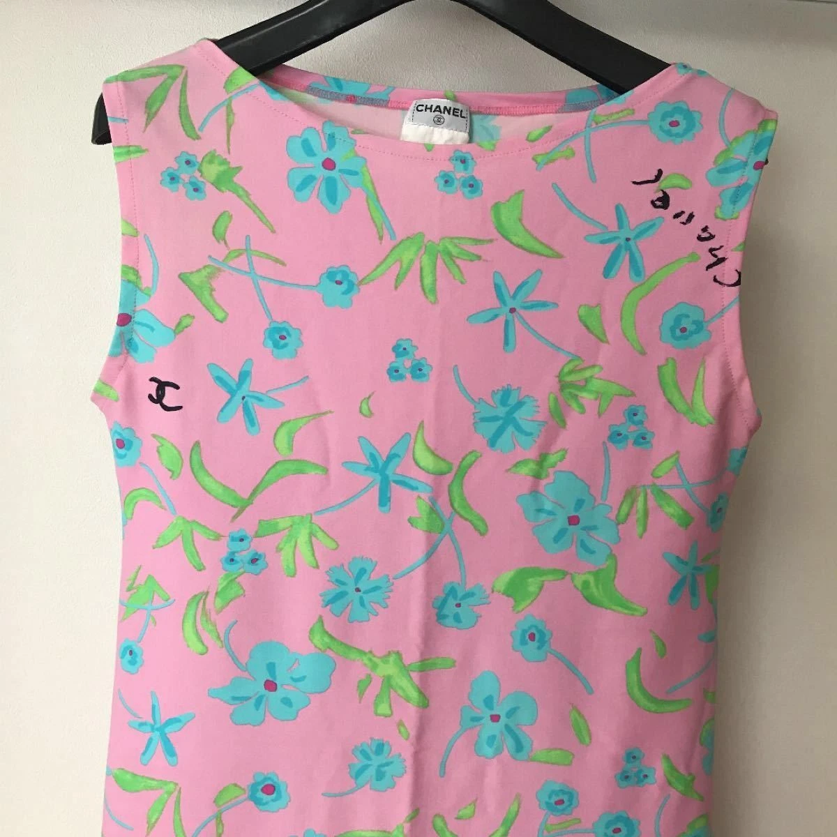 Chanel — CHANEL Coco Mark Sleeveless Dress Pink Blue Boat Neck Near Mint SR2021