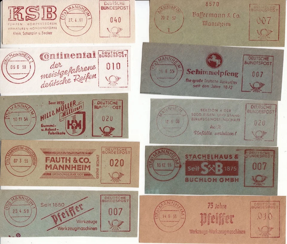 ZB09 Mannheim 10 verschiedene seltene Absenderfreistempel aus 1959 -1961 - Bild 1 von 1