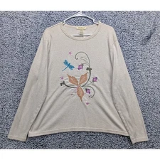 VTG Eddie Bauer Floral Embroidered Shirt Size XL Fairy Cottage Boho Granny Beige