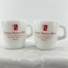 Vintage Galaxy Milk Glass Mugs White Excellent Farmers National Bank Nebraska x2