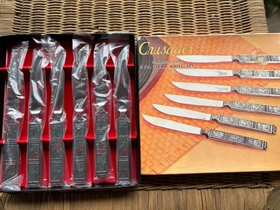 Vintage 6pc Nasco Crusader Stainless Steel Steak Knife Set Japan Nat Silver Co